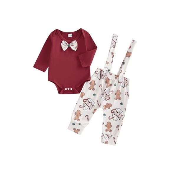 Baby Toddler Boy Christmas Clothing Set 0 3 6 12 18 Months Tree/Gingerbread Print Bow Tie Long Sleeve Romper Long Suspender Pants Outfits