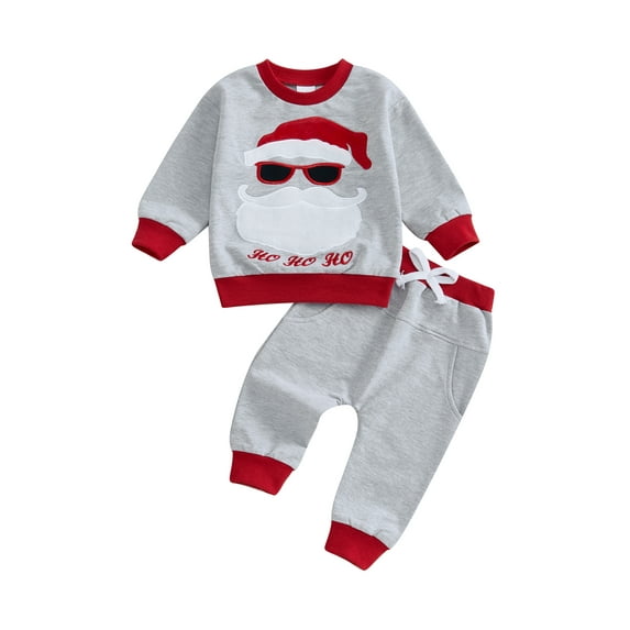 Baby Toddler Boy Christmas Outfit, 0 6 12 18 24 Months 2T 3T Santa Claus Embroidery Long Sleeve Pullover Sweatshirt Elastic Waist Pants 2 Piece Clothing Set