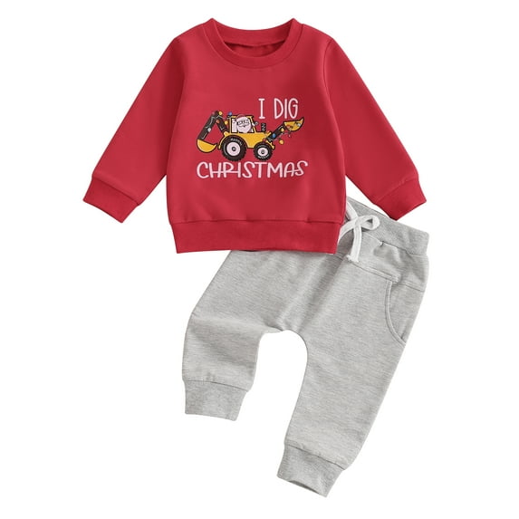 Baby Toddler Boy Christmas Outfit 12 18 24 Months 2T 3T 4T Digger Print Long Sleeve Sweatshirt and Elastic Pants 2 Piece Clothes Set