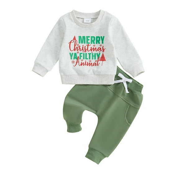 Baby Toddler Boy Christmas Outfits 0 6 12 18 24 Months 2T 3T Long Sleeve Snowflake Letter Print Sweatshirt + Pants Set Clothes