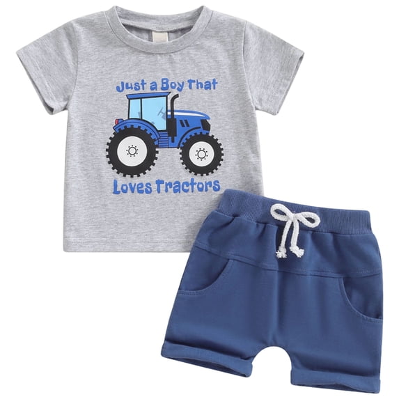 Baby Toddler Boy Clothes Summer Outfits 6 12 18 24 Months 2T 3T 4T Short Sleeve Tractor Print T-Shirt + Shorts Set