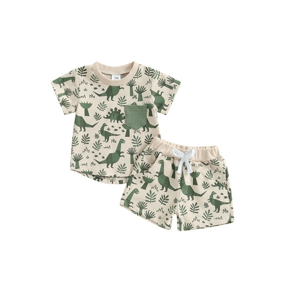 Baby Toddler Boy Dinosaur Outfit 3 6 12 18 24 Months 2T 3T 4T Short Sleeve T-shirt Elastic Waist Shorts 2 Pcs Summer Clothing Set