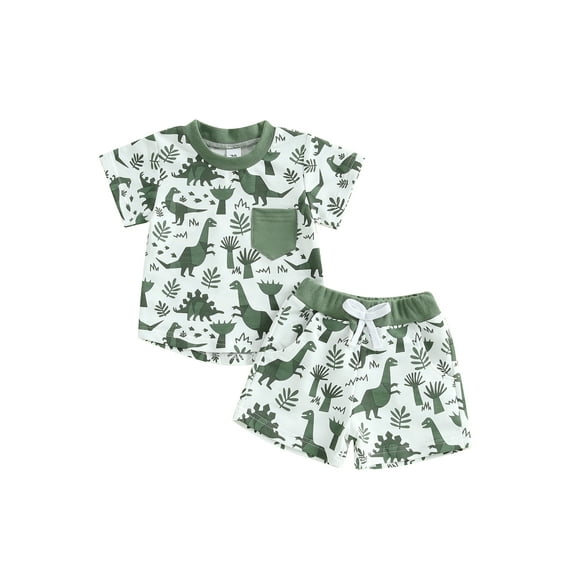 Baby Toddler Boy Dinosaur Outfit 3 6 12 18 24 Months 2T 3T 4T Short Sleeve T-shirt Elastic Waist Shorts 2 Pcs Summer Clothing Set