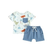 PAERPADE Baby Toddler Boy Dinosaur Print Outfits, 0 6 12 18 24 Months 2T 3T Round Neck Short Sleeve T shirt Tops + Elastic Waist Shorts Infant Kids Summer Clothing Set