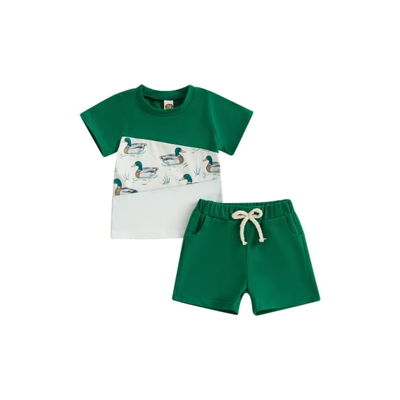 Baby Toddler Boy Duck Outfit 3 6 12 18 24 Months 2T 3T 4T 5T Contrast Short Sleeve T-shirts Solid Elastic Waist Shorts 2 Piece Summer Clothes Set