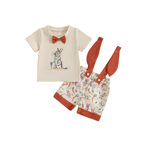 Baby Toddler Boy Easter Outfit 3 6 12 18 24 Months 2T 3T Bunny Carrot Short Sleeve T-shirts Suspender Shorts 2 Piece Gentleman Set