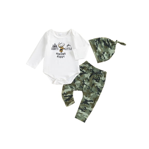 Baby Toddler Boy Fall Outfit, 0 3 6 12 18 Months Letter Print Long Sleeve Romper Elastic Waist Camouflage Pants Hat 3 Piece Christmas Clothing Set
