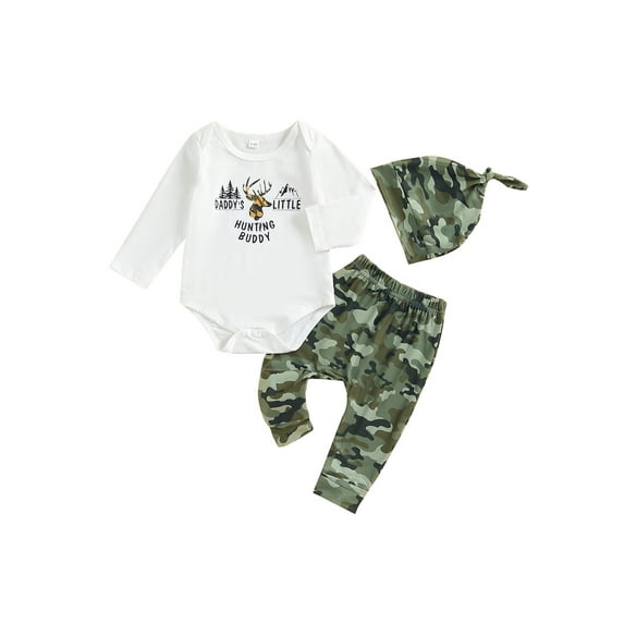 Baby Toddler Boy Fall Outfit, 0 3 6 12 18 Months Letter Print Long Sleeve Romper Elastic Waist Camouflage Pants Hat 3 Piece Christmas Clothing Set