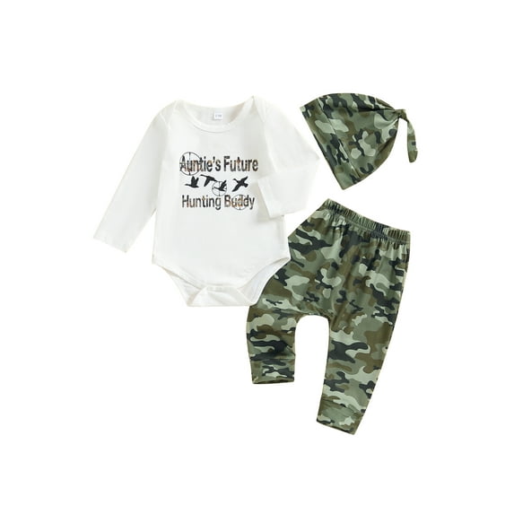 Baby Toddler Boy Fall Outfit, 0 3 6 12 18 Months Letter Print Long Sleeve Romper Elastic Waist Camouflage Pants Hat 3 Piece Christmas Clothing Set