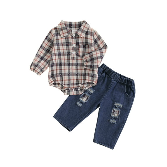 Baby Toddler Boy Fall Outfit 0 3 6 9 12 18 Months Plaid Print Long Sleeve Rompers and Elastic Ripped Jeans Pants Set Spring 2 Piece Clothes