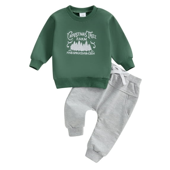 Baby Toddler Boy Fall Outfit 3 6 12 18 24 Months 2T 3T Christmas Tree Letter Embroidery Long Sleeve Sweatshirt and Elastic Pants 2 Piece Clothes