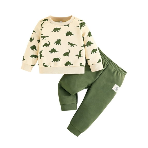 Baby Toddler Boy Fall Outfit 6 9 12 18 24 Months 2T 3T Dinosaur Print Long Sleeve Sweatshirt and Elastic Pants 2 Piece Clothes Set