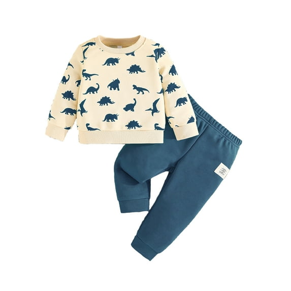Baby Toddler Boy Fall Outfit 6 9 12 18 24 Months 2T 3T Dinosaur Print Long Sleeve Sweatshirt and Elastic Pants 2 Piece Clothes Set