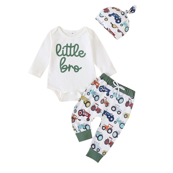 Baby Toddler Boy Fall Outfits 0 3 6 12 18 Months Letter Print Long Sleeve Romper with Elastic Waist Tractor Pattern Pants and Hat 3 Pcs Clothing Set