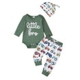 thumbnail image 1 of Baby Toddler Boy Fall Outfits 0 3 6 12 18 Months Letter Print Long Sleeve Romper with Elastic Waist Tractor Pattern Pants and Hat 3 Pcs Clothing Set, 1 of 9