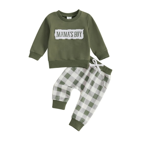 Baby Toddler Boy Fall Outfits 0 6 12 18 24 Months 2T 3T Long Sleeve Crew Neck Embroidery Sweatshirt + Plaid Pants Set Spring Clothes