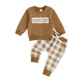 thumbnail image 1 of Baby Toddler Boy Fall Outfits 0 6 12 18 24 Months 2T 3T Long Sleeve Crew Neck Embroidery Sweatshirt + Plaid Pants Set Spring Clothes, 1 of 9