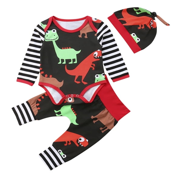 Baby Toddler Boy Funny Colorful Dinosaur Long Sleeve Romper with Pants and Hat 3 pcs Cotton Outfits (80/3-6 Months)