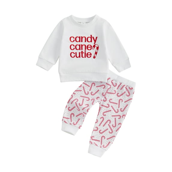 Baby Toddler Boy Girl Christmas Outfits, 0 6 12 18 24 Months 2T 3T Letter Embroidery Pullover Sweatshirt Candy Cane Print Elastic Waist Pants 2 Piece Clothing Set