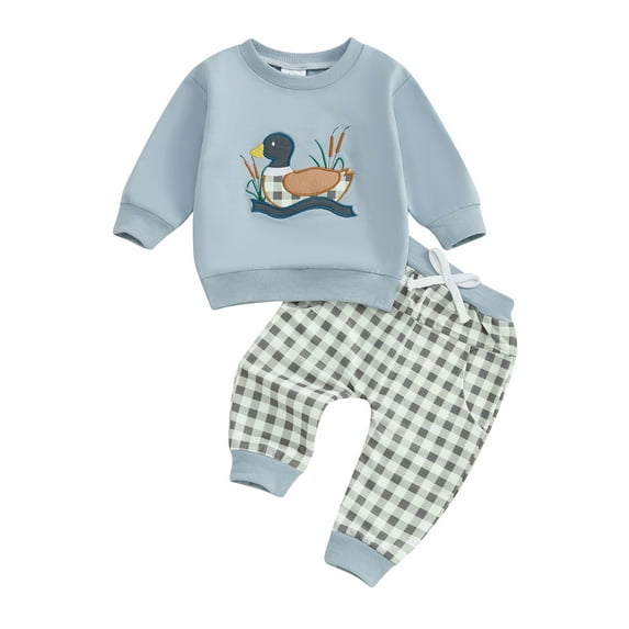 Baby Toddler Boy Girl Duck Clothes Set, 3 6 12 18 24 Months 2T 3T Long Sleeve Sweatshirt Plaid Elastic Waist Long Pants 2 Piece Outfit