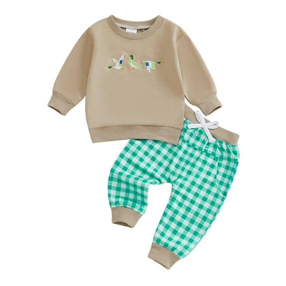 Baby Toddler Boy Girl Duck Clothes Set, 3 6 12 18 24 Months 2T 3T Long Sleeve Sweatshirt Plaid Elastic Waist Long Pants 2 Piece Outfit