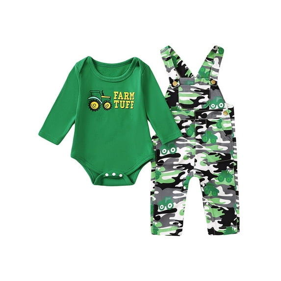 Baby Toddler Boy Girl Fall Outfit, 0 3 6 12 18 Months Tractor Letter Long Sleeve Romper Camouflage Overall Pants Farm Clothes 2 Piece Set