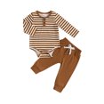 thumbnail image 1 of Baby Toddler Boy Girl Fall Outfits, 0 3 6 9 12 18 Months Striped Long Sleeve Romper Elastic Waist Pants with Bow 2 Piece Clothing Set, 1 of 9