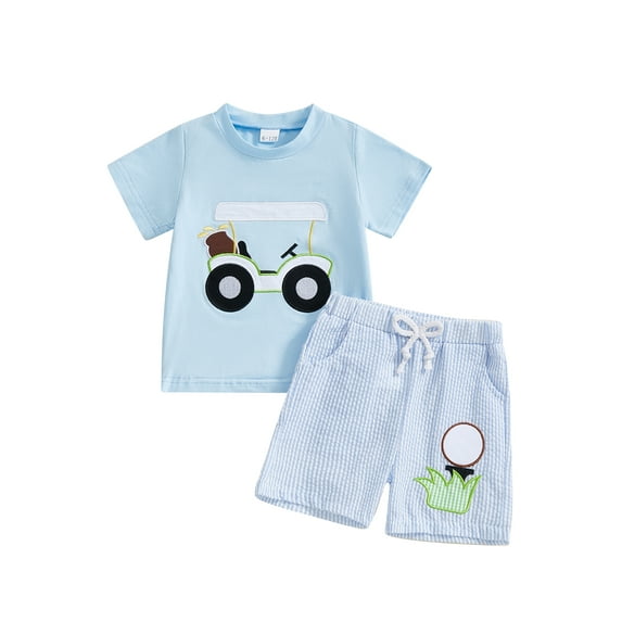 Baby Toddler Boy Golf Outfit 6 12 18 24 Months 2T 3T 4T Golf Cart Short Sleeve T-shirt Plaid Elastic Waist Shorts 2 Pcs Clothing Set