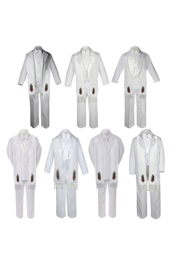Baby Toddler Boy Guadalupe Christening Baptism White 7 SUIT TUXEDO Style Stole