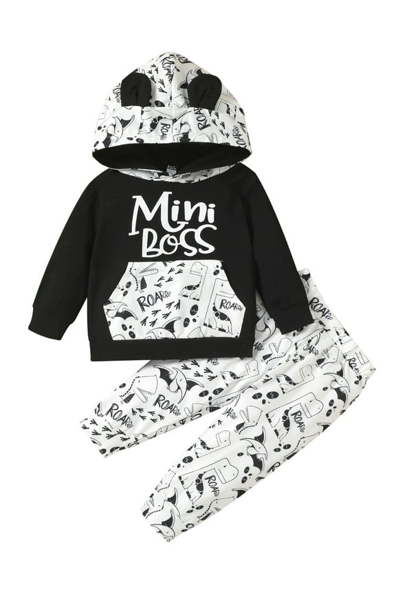 Baby Toddler Boy Hooded Pants Outfits Set 6 12 18 24 Months Cartoon Ear Decoration Letter Printing Big Pocket Sweater + High Waist Trouser Suit