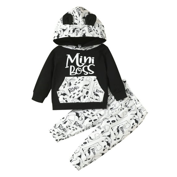 Baby Toddler Boy Hooded Pants Outfits Set 6 12 18 24 Months Cartoon Ear Decoration Letter Printing Big Pocket Sweater + High Waist Trouser Suit