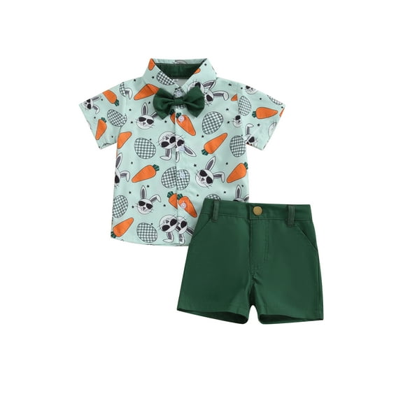 Baby Toddler Boy Outfits Easter Clothes Rabbit Short Sleeve Button Down Shirt  Shorts Summer 2Pcs