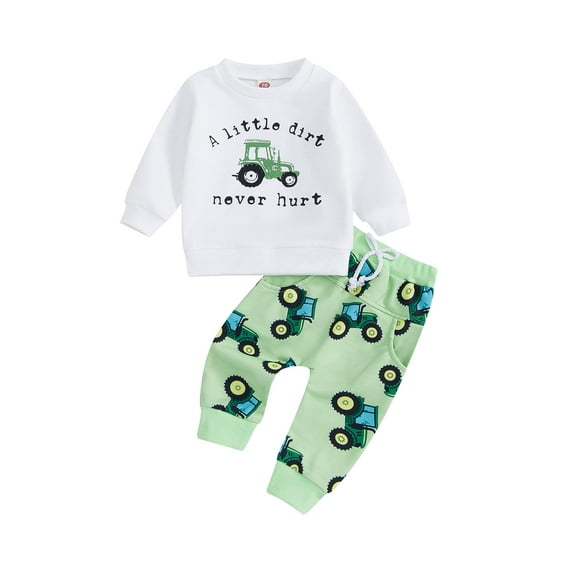 Baby Toddler Boy Pants Outfits 0 6 12 18 24 Months 2T 3T Long Sleeve Dirt Tractor Print Pullover + Pants Set Warm Clothes