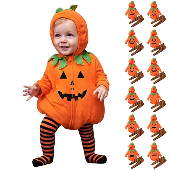 Baby Toddler Boy Pumpkin Long Sleeve Hooded Romper Bodysuit and Long Pants Two Piece Set Unisex Halloween Dress up Party Clothes Size 6-24M