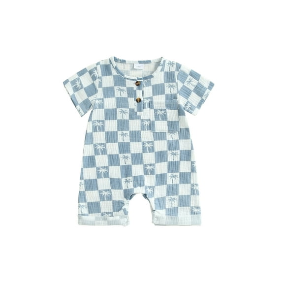 Baby Toddler Boy Romper 3 6 12 18 Months Summer Short Sleeve Round Neck Checkered Tree Print Jumpsuit Newborn Playsuit
