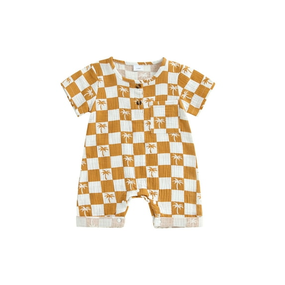 Baby Toddler Boy Romper 3 6 12 18 Months Summer Short Sleeve Round Neck Checkered Tree Print Jumpsuit Newborn Playsuit