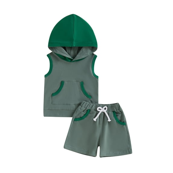 Baby Toddler Boy Shorts Clothing Set 3 6 12 18 24 Months 2T 3T Contrast Color Sleeveless Hooded Tank Tops Elastic Waist Shorts 2 Pcs Summer Outfit