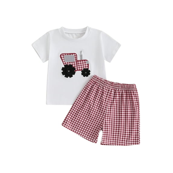 Baby Toddler Boy Shorts Clothing Set 6 12 18 24 Months 2T 3T 4T Tractor Embroidery Short Sleeve T-shirt Plaid Shorts 2 Pcs Summer Outfit