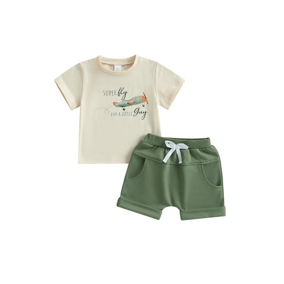 Baby Toddler Boy Shorts Clothing Set 6 12 18 24 Months 2T 3T Airplane Letter Print Short Sleeve T-shirt Solid Elastic Waist Shorts 2 Piece Summer Outfit