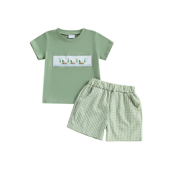 Baby Toddler Boy Shorts Set 6 12 18 24 Months 2T 3T 4T Duck Embroidery Short Sleeve T-shirts Plaid Elastic Waist Shorts 2 Piece Boys Summer Outfit