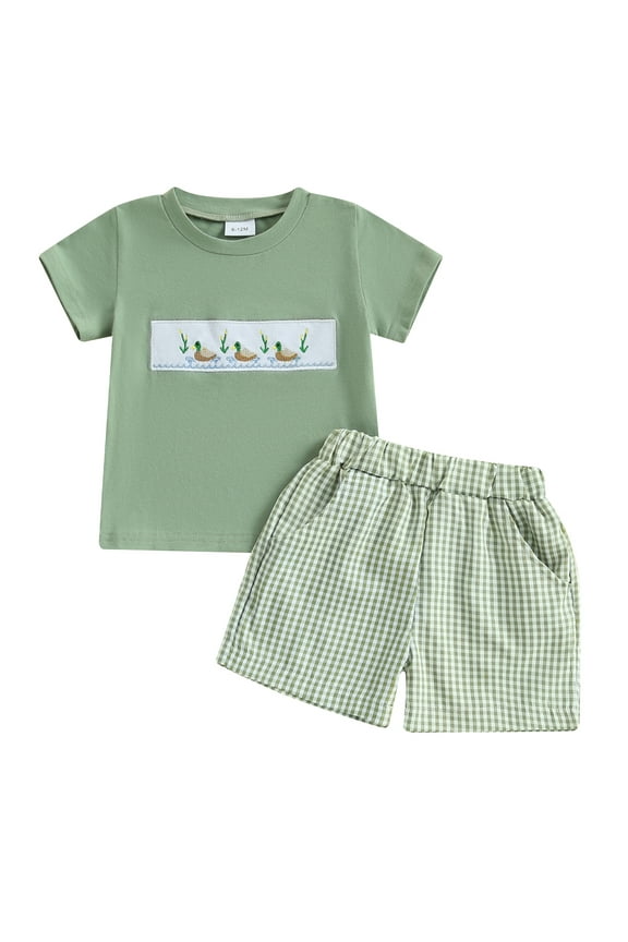 Baby Toddler Boy Shorts Set 6 12 18 24 Months 2T 3T 4T Duck Embroidery Short Sleeve T-shirts Plaid Elastic Waist Shorts 2 Piece Boys Summer Outfit