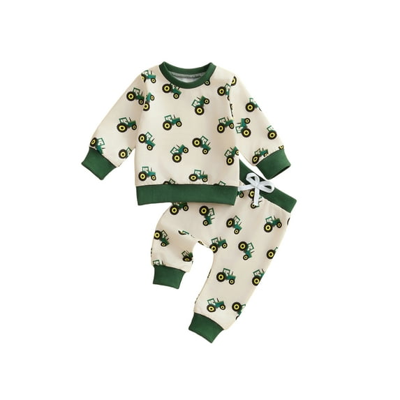 Baby Toddler Boy Spring Outfit 3 6 12 18 24 Months 2T 3T Tractor Long Sleeve Sweatshirt Long Pants 2 Pcs Set Farm Clothes