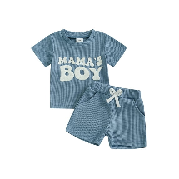 Baby Toddler Boy Summer Outfit 6 12 18 24 Months 2T 3T Letter Embroidery Short Sleeve T-shirt Solid Shorts 2 Piece Waffle Knit Clothing Set