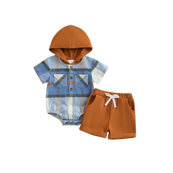 Baby Toddler Boy Summer Outfit 6 12 18 24 Months Plaid Short Sleeve Hooded Romper Solid Color Shorts 2 Pcs Clothing Set