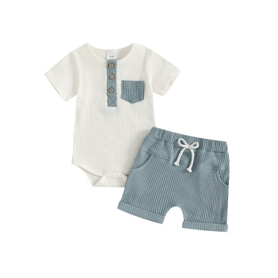 Baby Toddler Boy Summer Outfits 3 6 12 18 Months Contrast Color Henley Short Sleeve Romper with Solid Color Shorts 2 Pcs Clothing Set