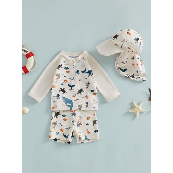 Baby Toddler Boy Swimsuit Rashguard Set Cute Marine Life Printed Long Sleeve Tops with Shorts, Hat 3 Pcs Swimwear