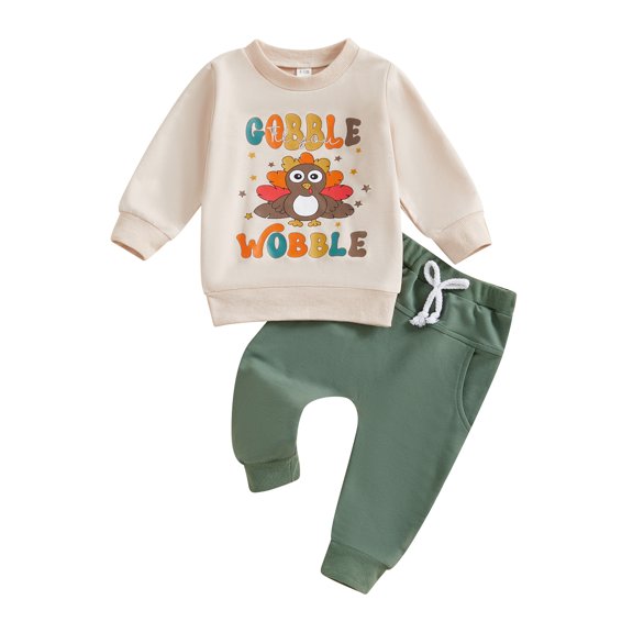 Baby Toddler Boy Thanksgiving Outfit 0 6 12 18 24 Months 2T 3T Turkey Letter Print Long Sleeve Sweatshirt and Elastic Pants 2 Piece Clothes Set