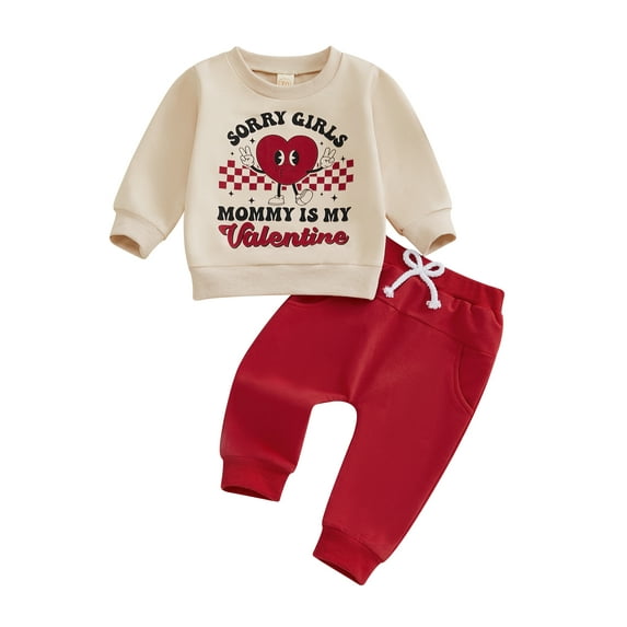 Baby Toddler Boy Valentine Outfit 3 6 12 18 24 Months 2T 3T Letter Heart Print Long Sleeve Sweatshirt and Elastic Pants 2 Piece Clothes Set