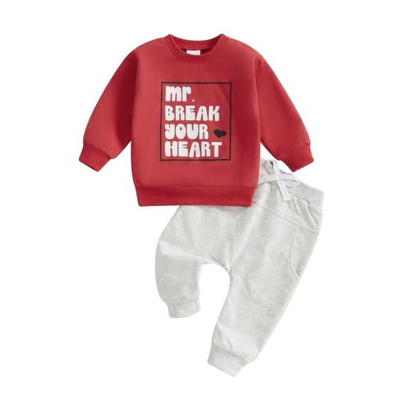 Baby Toddler Boy Valentine’s Day Outfits 3 6 12 18 24 Months 2T 3T Long Sleeve Sweatshirt + Solid Color Pants Set Toddler Clothes