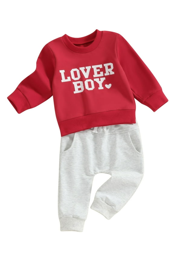 Baby Toddler Boy Valentine’s Day Outfits 6 12 18 24 Months 2T 3T Long Sleeve Sweatshirt + Solid Color Trousers Set Toddler Clothes